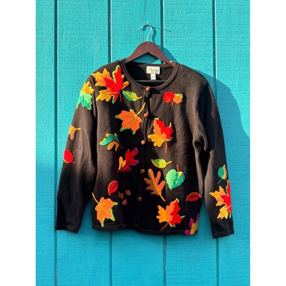 Talbots Sweaters - Vintage Talbots Artsy Embroidered Autumn Leaf Cardigan Sweater wood Buttons Fall